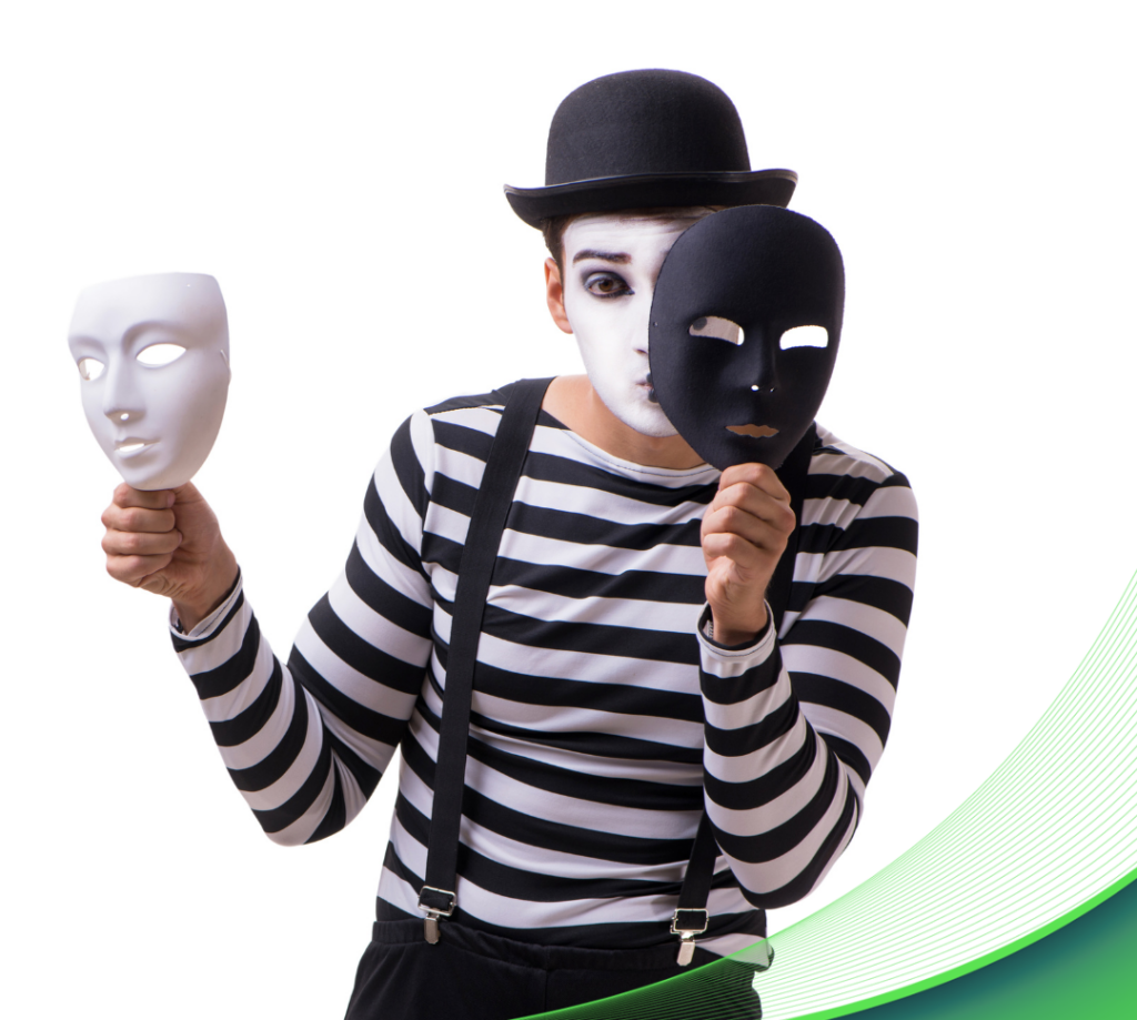 man dressed as a mime holding a black and white mask symbolize narcissistic personality changes