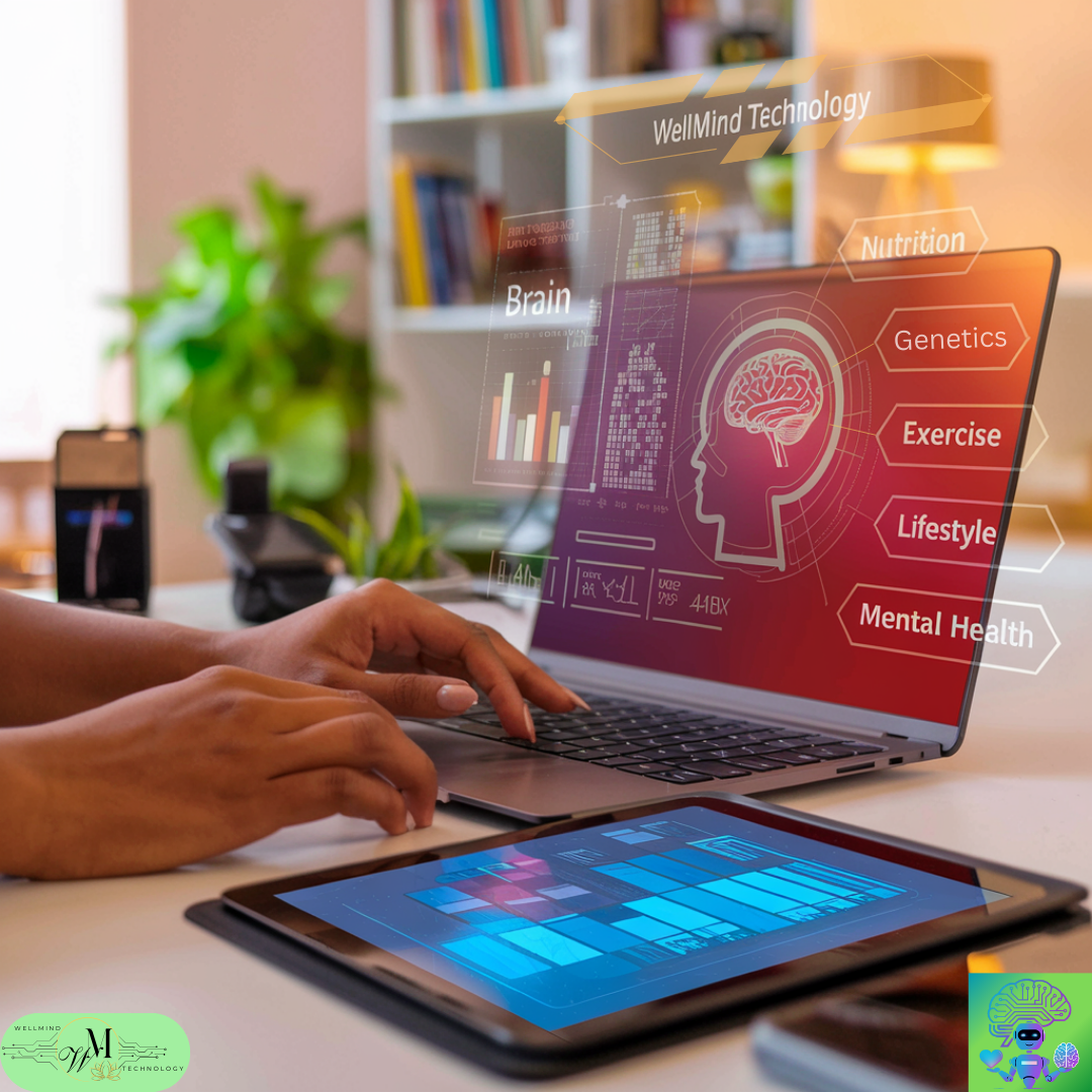 Lady sitting at a desk analysing medical data with through the use of high tech medical technology by wellmind technology