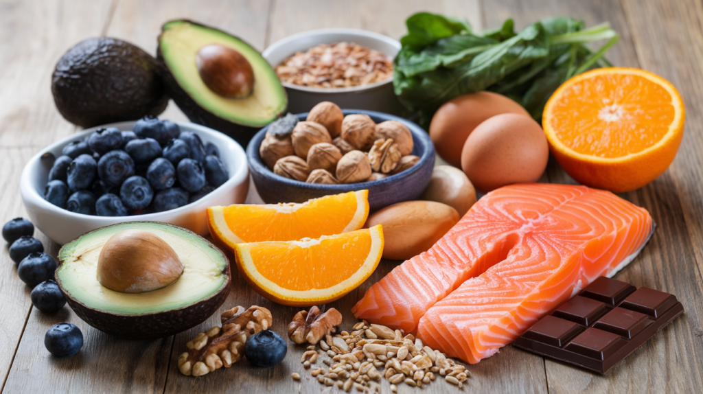A vibrant still life composition featuring various foods known for enhancing brain health, such as avocados, blueberries, walnuts, dark chocolate, salmon, leafy greens, eggs, turmeric, oranges, and whole grains, arranged artfully on a wooden table with soft natural lighting and a blurred background.
