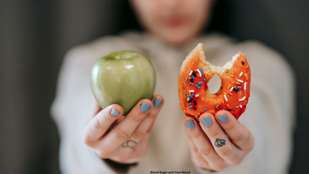 Balancing blood sugar a woman holding the options of an apple and a donut to eat.