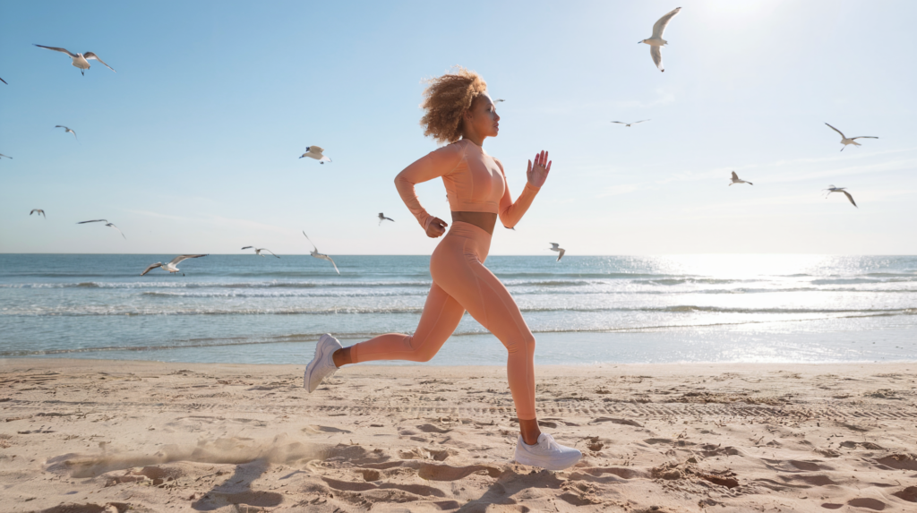 Woman Jogging on the beach on a nice sunny day, with birds flying, and the waves roaring.